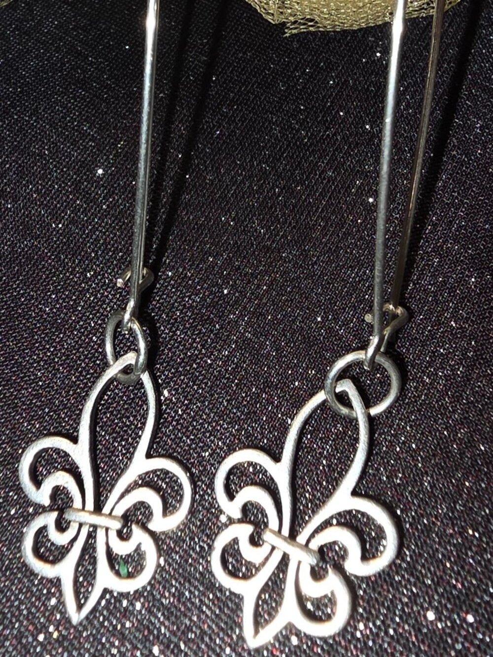 Sterling Silver Wired Hoop with Dangling Fleur-De-Lis